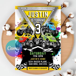 Editable Monster Truck Birthday Invitation, Monster Truck 3Rd Birthday, Monster Truck Birthday  Party