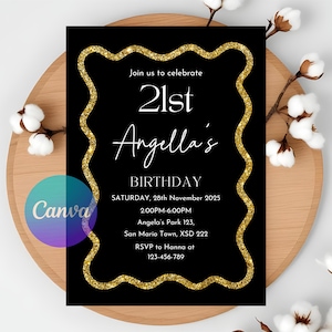 Invitación de cumpleaños negra, invitación para fiesta de cumpleaños, invitación imprimible, invitación para el cumpleaños número 21