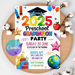 Bewerkbare voorschoolse afstudeeruitnodiging, voorschoolse afstudeeruitnodiging klasse van 2025 voorschoolse, pre-K afstudeerfeest