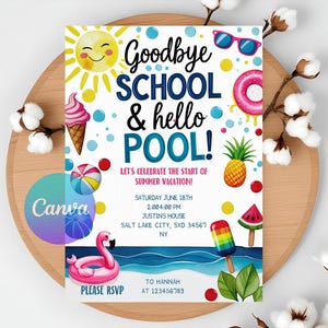 Auf Wiedersehen Schule Hallo Pool Einladungsvorlage, bearbeitbare Pool Party einladen, bearbeitbare Sommerpause einladen, sofortiger Download