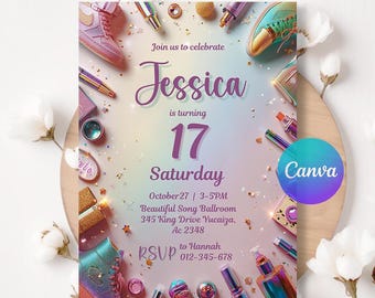 Neon Spa Party Invitation: Glitz Glam Makeup, Canva Template (Digital Download)