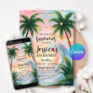 digital invitation, birthday template, editable canva, beach party invite, beach birthday evite, becak birthday, girl beach party, beach celebration, ocean birthday evite, surf beach party, beach birthday party, beach invitation, tropical invitation, surfer invitation, pool birthday party, celebrate invitation, kids birthday invite, summer beach party, kids birthday, electronic invite, printable party, phone invitation, digital download,  ,, printable invitation, instant download, canva template