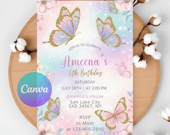 May include: A birthday invitation with a pastel color scheme, featuring butterfly illustrations and the text "Ameena's 5th Birthday." The invitation includes details such as the date, time, and location in Salt Lake City, NY.