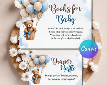 Blue Boy Boho Bear Baby Shower Diaper Raffle, Thank You Card and Book for a Baby