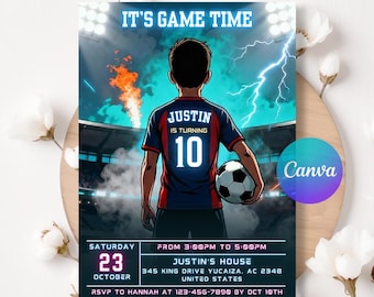 Invitación para fiesta de cumpleaños de fútbol, plantilla editable de Canva, invitación digital de fútbol para niños, invitación imprimible para fiesta deportiva, descarga instantánea