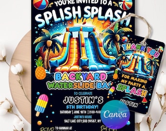 Waterslide Birthday Invitation & Favor Tag: Splash Party Canva Template (Digital Download)