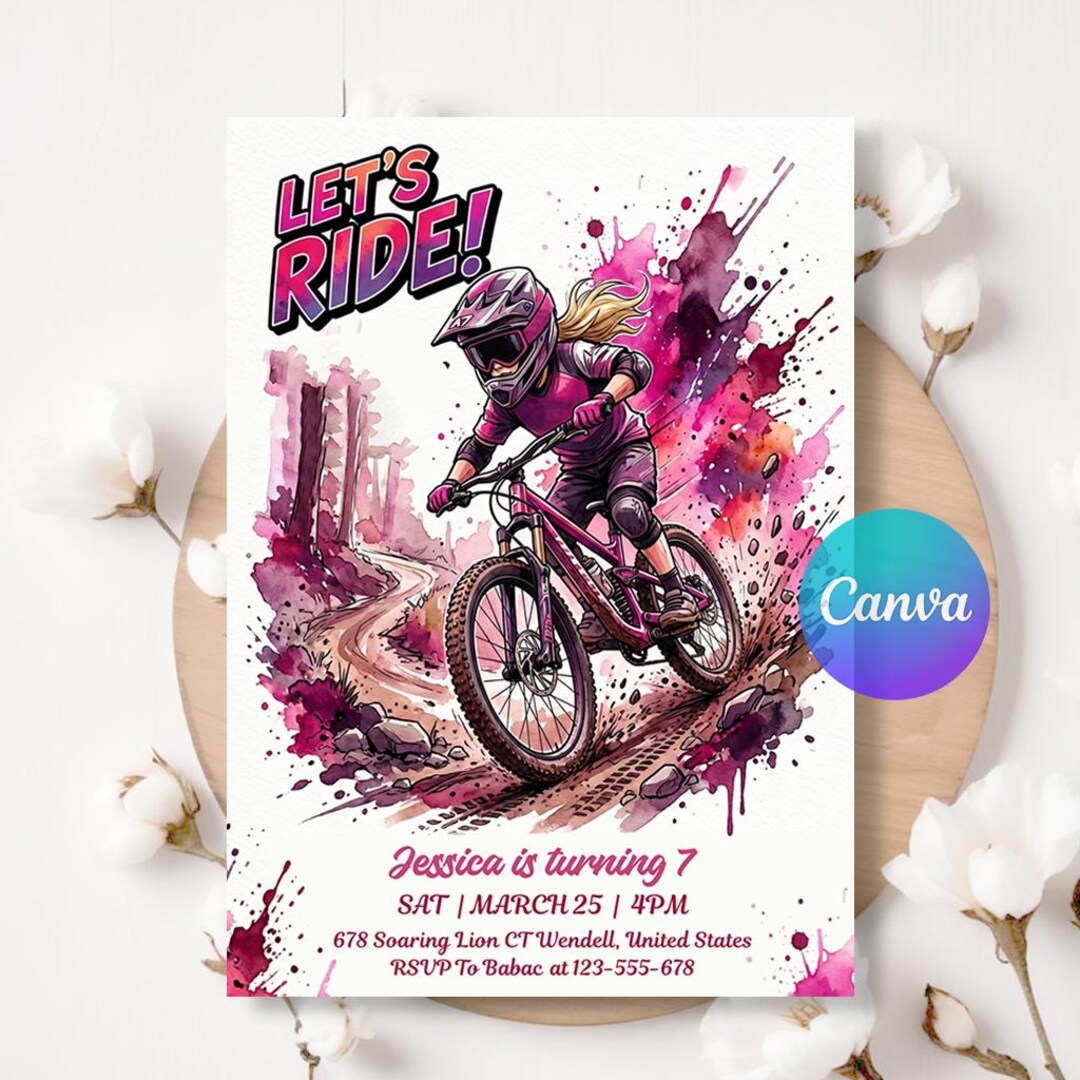 Girl Bike Party Invitation, Dirt Bike Party, Ride on Over, Mountain ...