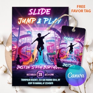 以下が含まれることがあります： ネオンウォーターパークをテーマにした誕生日パーティーの招待状。「SLIDE, JUMP & PLAY」と「JUSTIN'S 7TH BIRTHDAY」の文字が特徴です。お揃いの「THANK YOU」の記念タグが含まれています。Canvaのロゴが見えます。