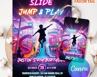 Slide Birthday Invitation, Neon Indoor Playground Party Invite, Fun Kids Birthday, Editable Canva Template, Instant Download