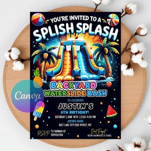 May include: A vibrant invitation for a backyard waterside bash. The design features a colorful inflatable water slide, palm trees, and the text "Splish Splash." The invitation is to celebrate Justin's 5th birthday.