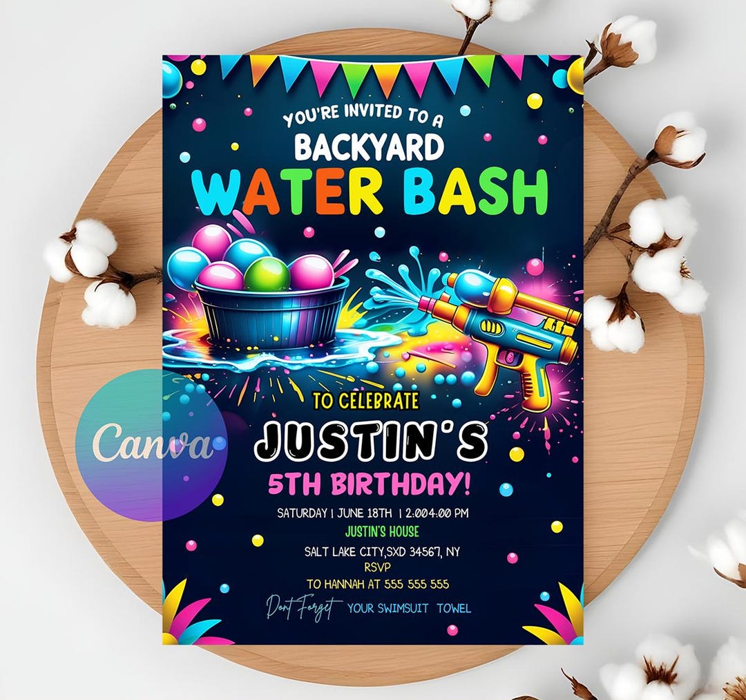 Editable Water Gun Birthday Invitation , Pool Party Invitation, Water ...