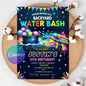 May include: A colourful invitation for Justin's 5th birthday, themed around a backyard water bash. The design includes a water gun, water balloons, and the text "You're Invited to a Backyard Water Bash". The invitation is on a dark blue background.