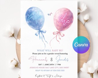 Gender Reveal Invitation, He Or She , Blue Pink Balloon Cute Pregnancy, Baby Shower Boho Tempplate, Editable Canva  LA642