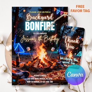 May include: A birthday party invitation with a bonfire theme. The invitation features the text "Backyard Bonfire" and "Jessica's 8th Birthday". A matching "Thank You" favor tag is included. The design includes a campfire, marshmallows, and pizza.