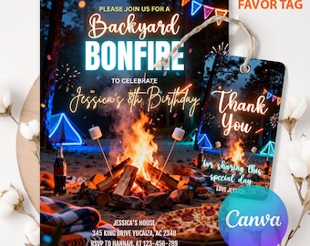 Backyard Bonfire Birthday Invitation, Backyard Bonfire Invite, Campfire Birthday Party, Outdoor Bonfire Bash Invite, Bonfire & S'Mores
