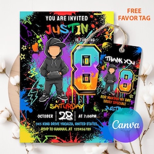Op de afbeelding: Een kleurrijke verjaardagsuitnodiging met een graffiti-kunststijl. De uitnodiging bevat de naam "Justin" en het nummer "8". Inclusief een bijpassend bedankje. De uitnodiging geeft de datum, tijd en locatie.