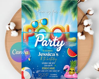 May include: A vibrant pool party invitation with the words "Pool Party" in colorful inflatable letters. The invitation includes sunglasses, a watermelon slice, and a flamingo floatie. The text reads "Join us for a Pool Party" and details for Jessica's 8th birthday.