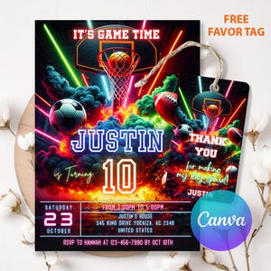 May include: A birthday party invitation with a basketball theme. The invitation features the text "IT'S GAME TIME" and "JUSTIN 10". A matching favor tag is included. The design incorporates basketballs, footballs, and a soccer ball with neon accents.