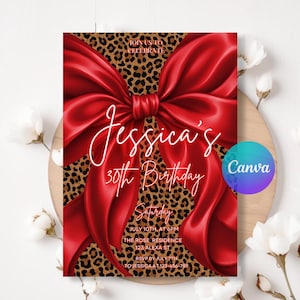 Convite de aniversário com tema de guepardo, festa Coquette com laço vermelho (modelo em Canva)
