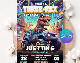 Dinosaur Birthday Invitation, Three-Rex On The Loose, Boys Third Birthday Dino Party, Three Rex Birthday Invite, Editable Canva Template