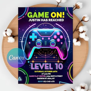 Editable Video Game Birthday Invitation, Neon Game On Level Up Gaming Birthday Party Invitation,  Glow Game Party, Invitation Template
