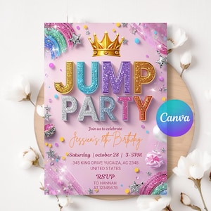 Puede incluir: Una invitación rosa para una fiesta de cumpleaños con las palabras "JUMP PARTY" en letras brillantes. La invitación incluye el texto "Jessica's 10th Birthday", fecha, hora, dirección e información de RSVP. Un logotipo de Canva está en la esquina.