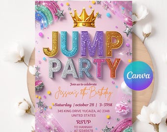 Invitación editable para fiesta de saltos de cumpleaños para niña, invitación editable para fiesta de trampolín, invitación para fiesta de saltos, invitación editable para fiesta de rebotes.