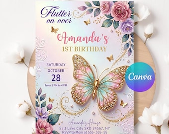 Butterfly First Birthday Invitation: Rainbow Gold Glitter (Digital Download)