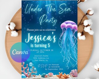 May include: Under the Sea Party invitation with a blue background, a jellyfish, and coral. The invitation says "Please join us to celebrate Jessica's is turning 5" and includes the date, time, and location of the party.