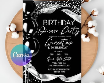 Black & Gold Birthday Dinner Invitation Printable Evite Canva Template