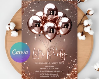 Editable Rose Gold Birthday Invitation Template, Editable Canva,  (Instant Download)