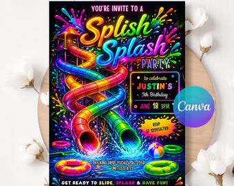 Editable Waterslide Birthday Invitation, Girl Splash Party Invite, Splash Birthday Evite, Summer Pool Party, Editable Canva RI468