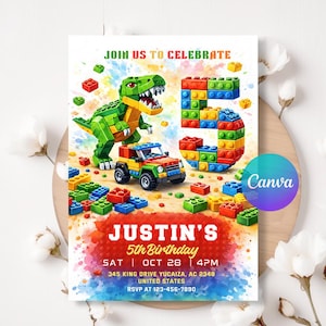 May include: A vibrant birthday invitation with a green dinosaur, a toy car, and a number 5 constructed from blocks. The text reads "Join Us To Celebrate" and "Justin's 5th Birthday", including date, time, and address details.