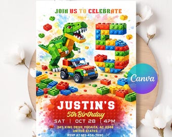 Building Blocks Birthday Invitation Template, Boy Birthday Invitation, Kids Party Invitation,, Editable Canva Template LA617