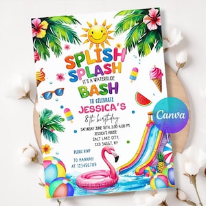 Waterslide Birthday Invitation, Boy Girl Splash Party Invite, Splash Birthday Evite, Water Slide Bash Modern Canva Template Boy Girl