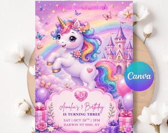 Editable Unicorn Birthday Invitation, Magical Girl Party Invite Template, Rainbow Digital Download, Kids Birthday LA785