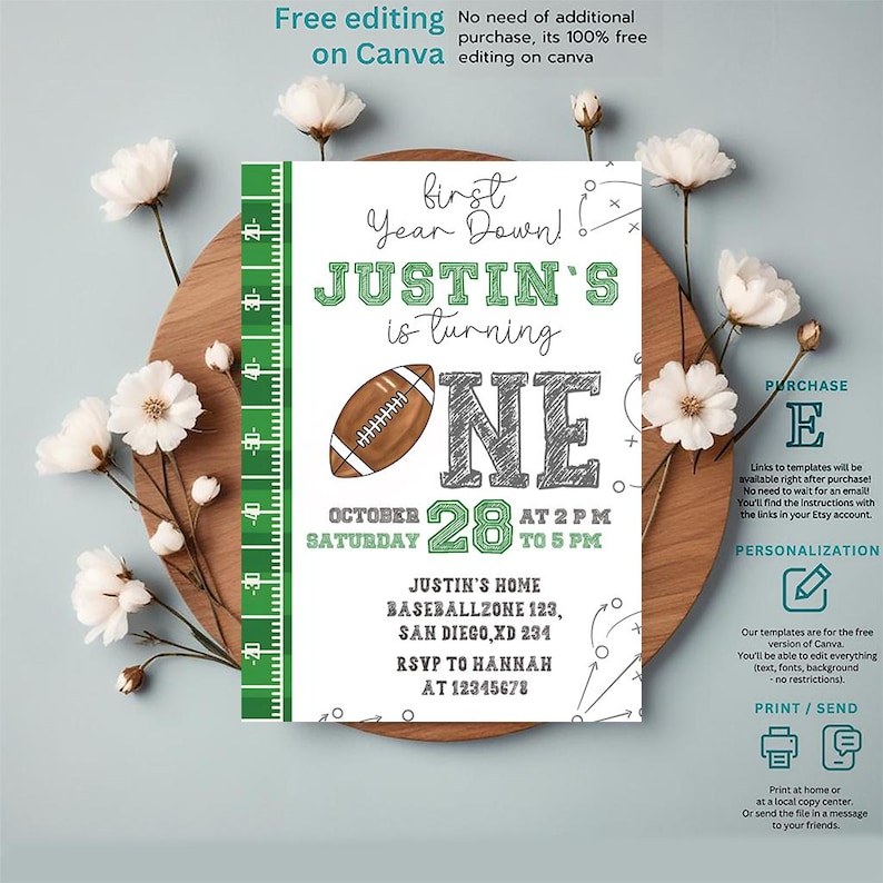 Invitation, Football Party, First Birthday, Sports, First Year Down, Digital Invitation, Printable Invitation, Invitation Template, Game On,, American Football, Football Invitation, Editable Invitation, Football Party