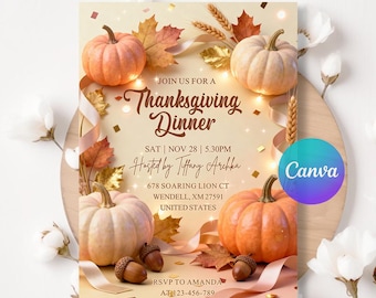 Thanksgiving Dinner Invitation Template, Friendsgiving Invite, Editable Let'S Give Thanks Invitation, Canva Template, Instant Download