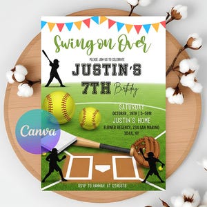 Editable Softball Birthday Invitation: Printable Party Card (Digital Download 5x7&quot; Template)