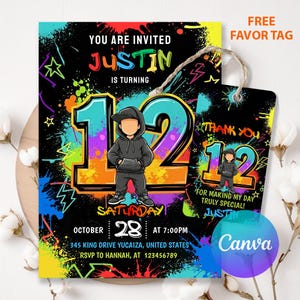 May include: A colorful birthday invitation with a graffiti-style design. The invitation features the name "Justin" and the number "12" prominently displayed. Includes a matching favor tag. The date and time of the event are also included.