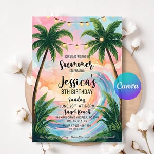 May include: A colourful invitation for Jessica's 8th birthday, with palm trees, a wave, and a sunset background. The text says "Summer Celebrating Jessica's 8th Birthday Sunday June 28th at Angel Beach." Includes RSVP details and Canva logo.