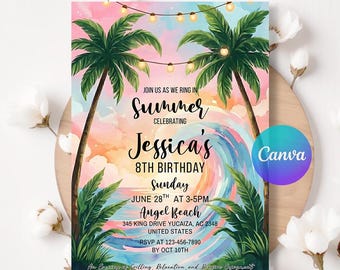 Pink Beach Birthday Party Invitation, Summer Ocean Birthday Invite, Beach Party Invitation, Surfer Party Invitation, Editable Canva  LA660