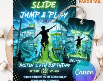 Slide Birthday Invitation, Green Neon Indoor Playground Party Invite, Fun Kids Birthday, Editable Canva Template, Instant Download LA537