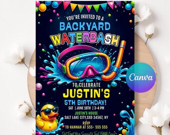 Water Bash Birthday Invitation , Boy Birthday Invitation, Pool Party Invitation, Water Gun Bash Party, Canva Template LA712