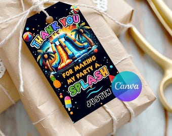 Waterslide Birthday Favor Tags: Splash Party Canva Template (Digital Download)
