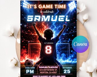 Neon Soccer Birthday Invitation, Glow in the Dark Football Party Invite, Editable Digital Boy Sports Template LA786