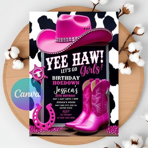 Printable Cowgirl Birthday Invitation: Pink Hoedown, Western Glam (Canva Template, Digital Download)