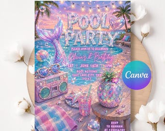 Mermaid Pool Party Birthday Invitation, Summer Girl Invite, Any Age ,  Editable Canva LA749, (Digital Download)