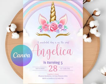 Editable Unicorn Birthday Invitation: Rainbow Evite (Digital)