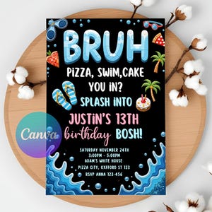 Modello modificabile per invito di compleanno per ragazzi - Festa in piscina, tema videogioco, fai da te Canva, invito digitale per dispositivi mobili per tredicenni